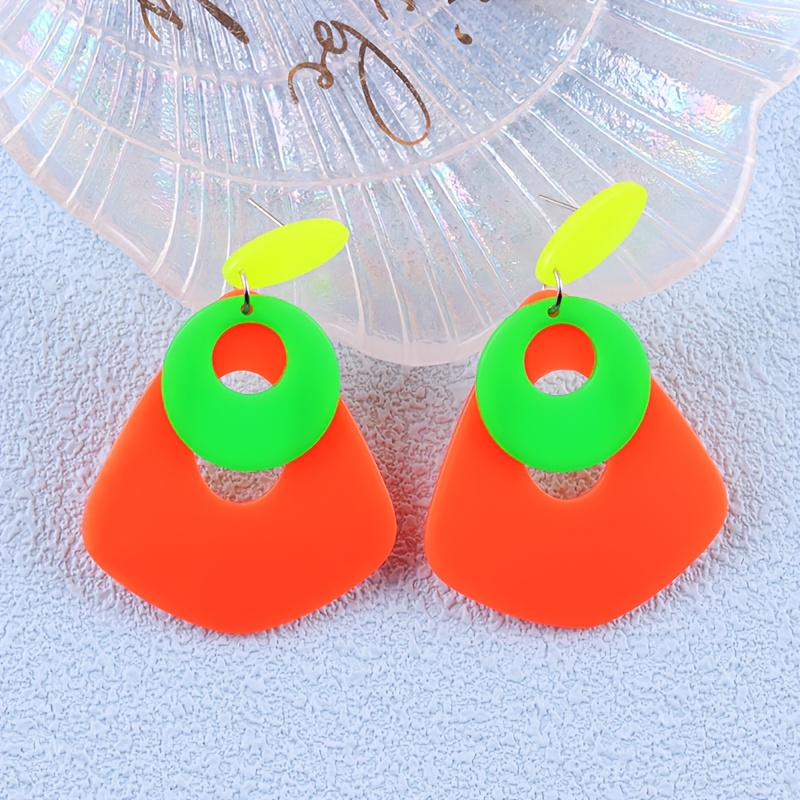2pcs Geometric Color-Block Long Acrylic Drop Earrings